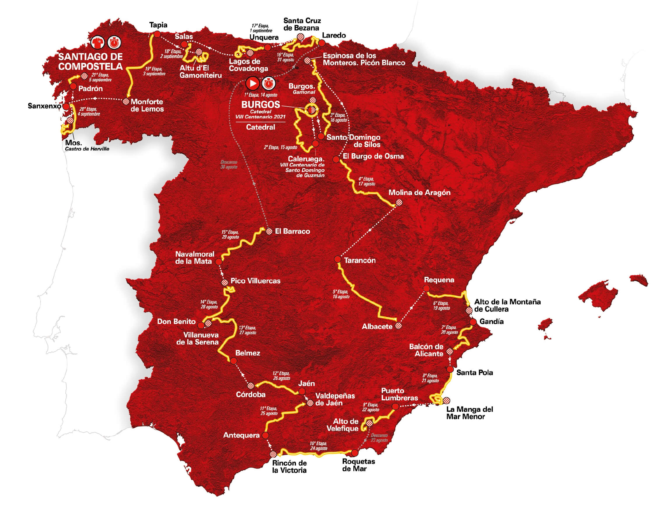 Vuelta a Espana 2021 Map and route of the race divided into 21 stages to be held from 14 August to 5 September
